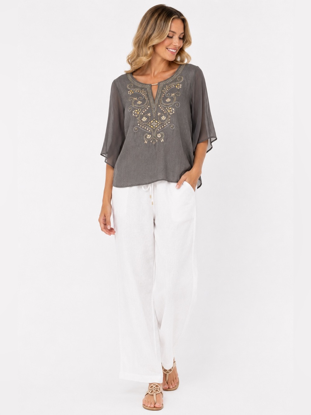 JM Collection 100% Linen Embellished Gray Tunic Blouse Gold Beaded Size L